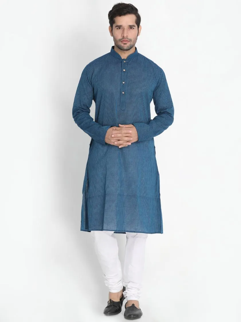 Jashvi Men's Dark Blue Cotton Blend Kurta, Light Blue Ethnic Jacket and Pyjama Set