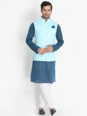 Jashvi Men's Dark Blue Cotton Blend Kurta, Light Blue Ethnic Jacket and Pyjama Set