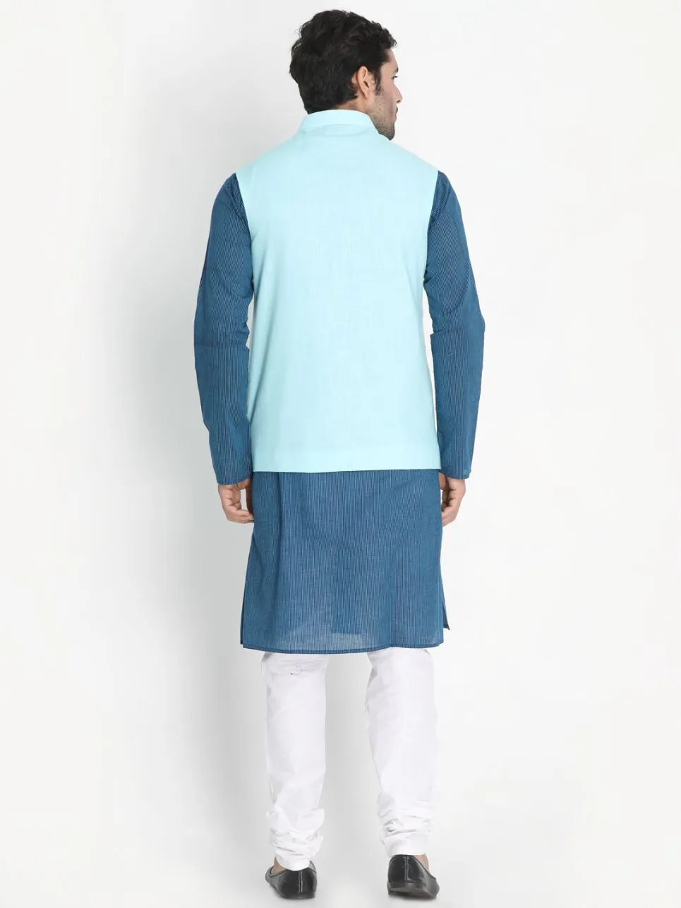 Jashvi Men's Dark Blue Cotton Blend Kurta, Light Blue Ethnic Jacket and Pyjama Set