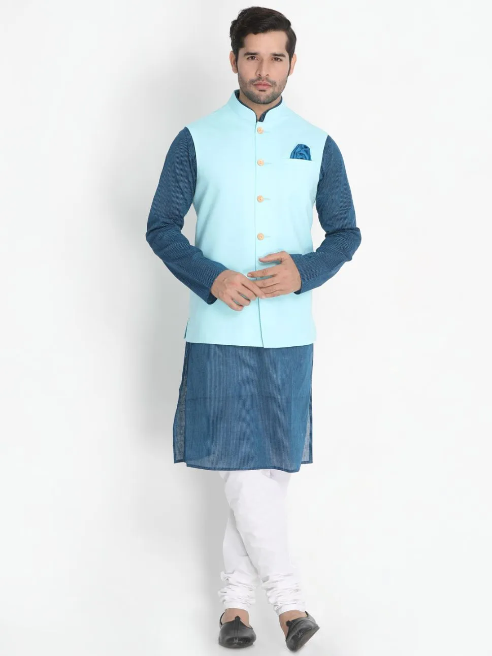 Jashvi Men's Dark Blue Cotton Blend Kurta, Light Blue Ethnic Jacket and Pyjama Set