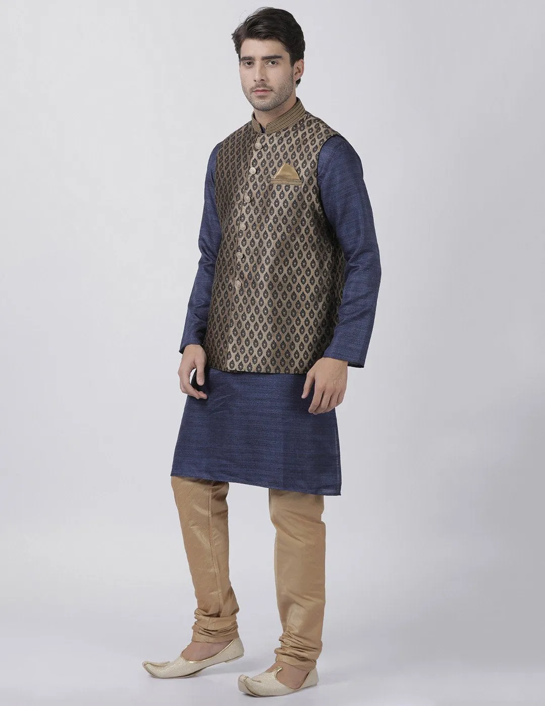 Jashvi Men's Dark Blue Cotton Silk Blend Kurta, Ethnic Jacket and Pyjama Set