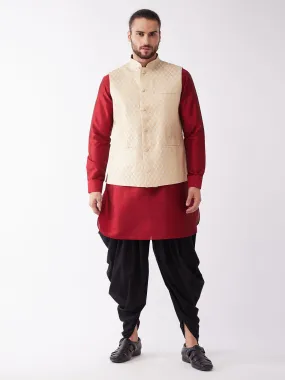 Jashvi Men's Gold Silk Blend Jacket With Curved Kurta Dhoti Set