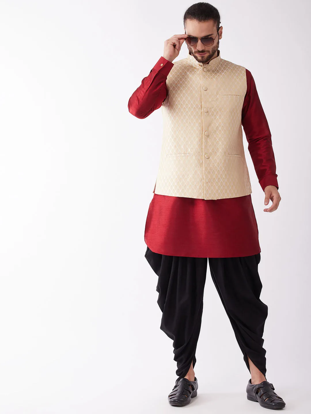 Jashvi Men's Gold Silk Blend Jacket With Curved Kurta Dhoti Set