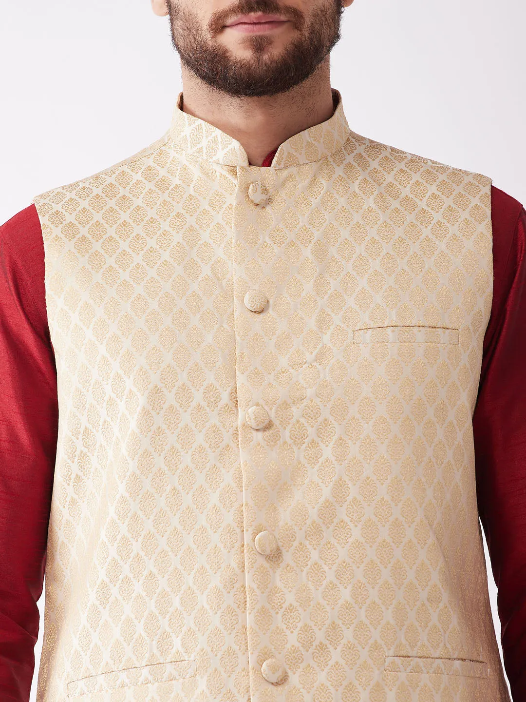 Jashvi Men's Gold Silk Blend Jacket With Curved Kurta Dhoti Set