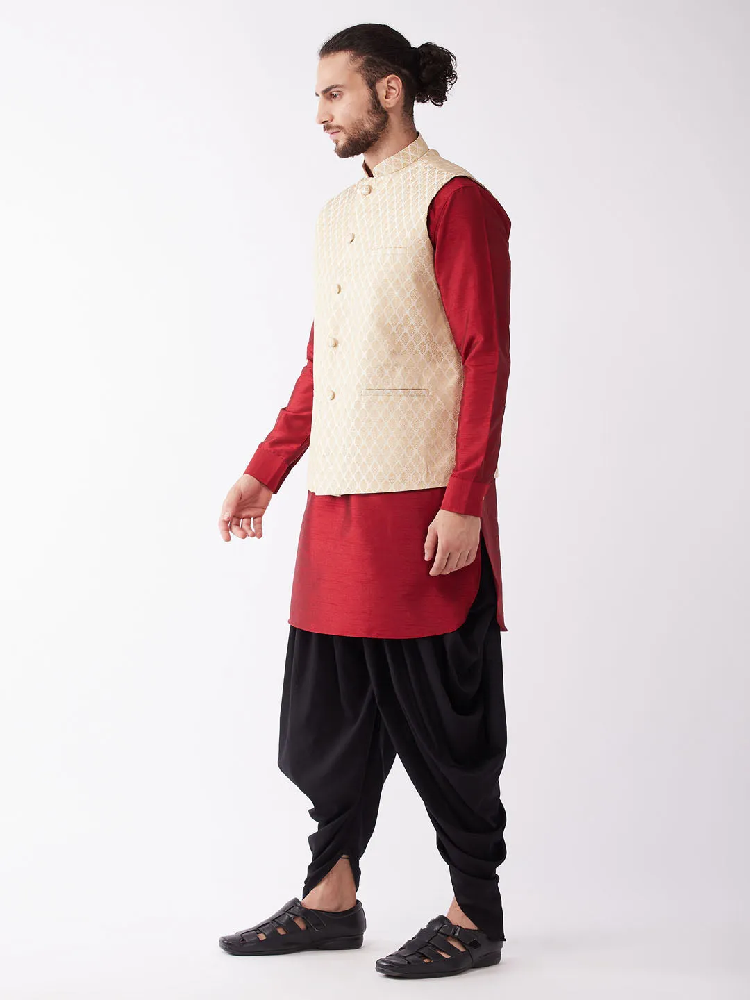 Jashvi Men's Gold Silk Blend Jacket With Curved Kurta Dhoti Set