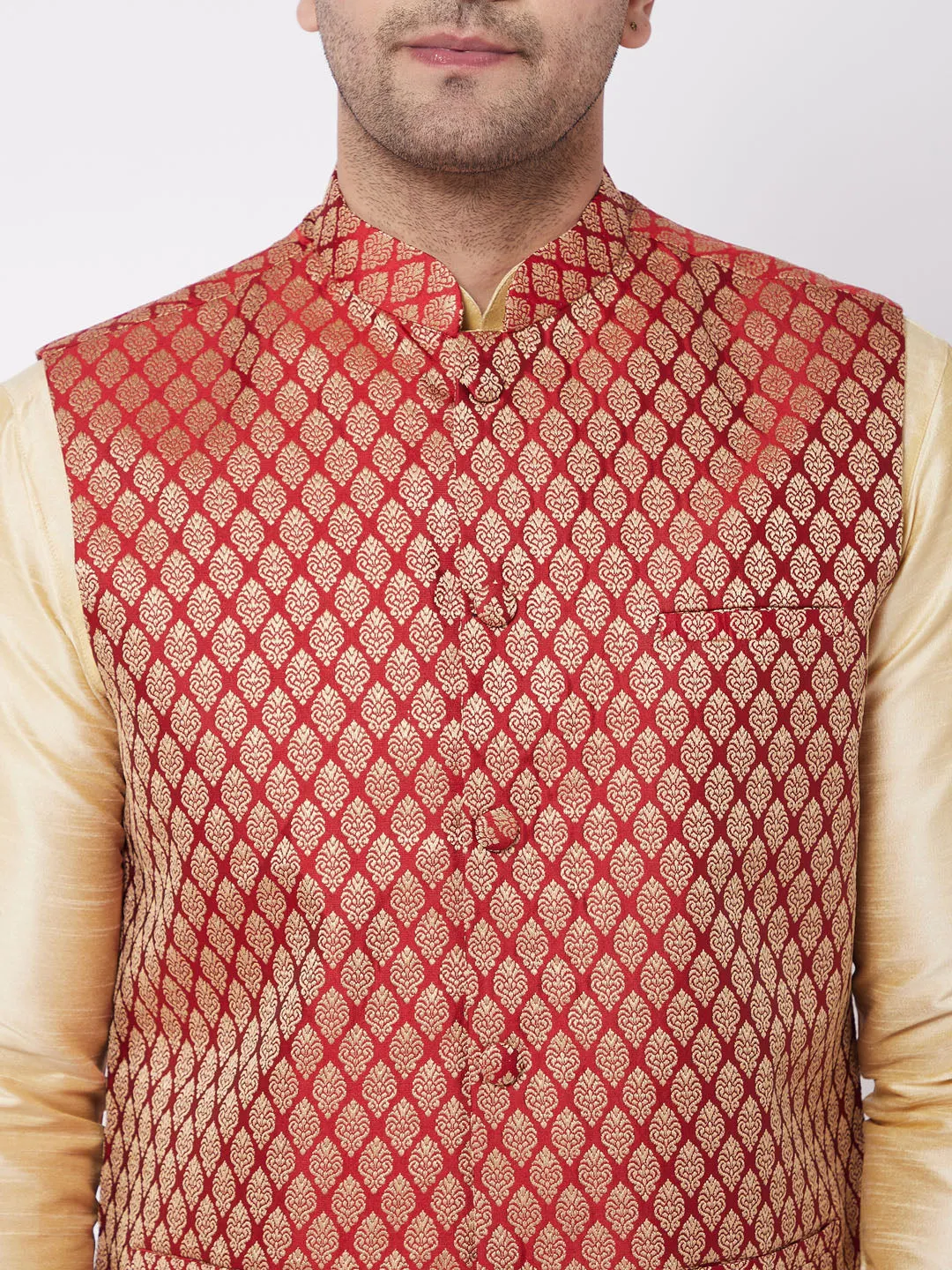 Jashvi Men's Gold Silk Blend Kurta And Dhoti With Maroon Woven Nehru Jacket