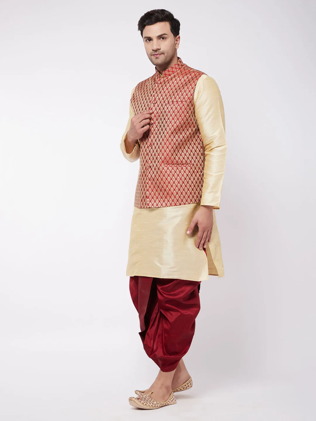 Jashvi Men's Gold Silk Blend Kurta And Dhoti With Maroon Woven Nehru Jacket