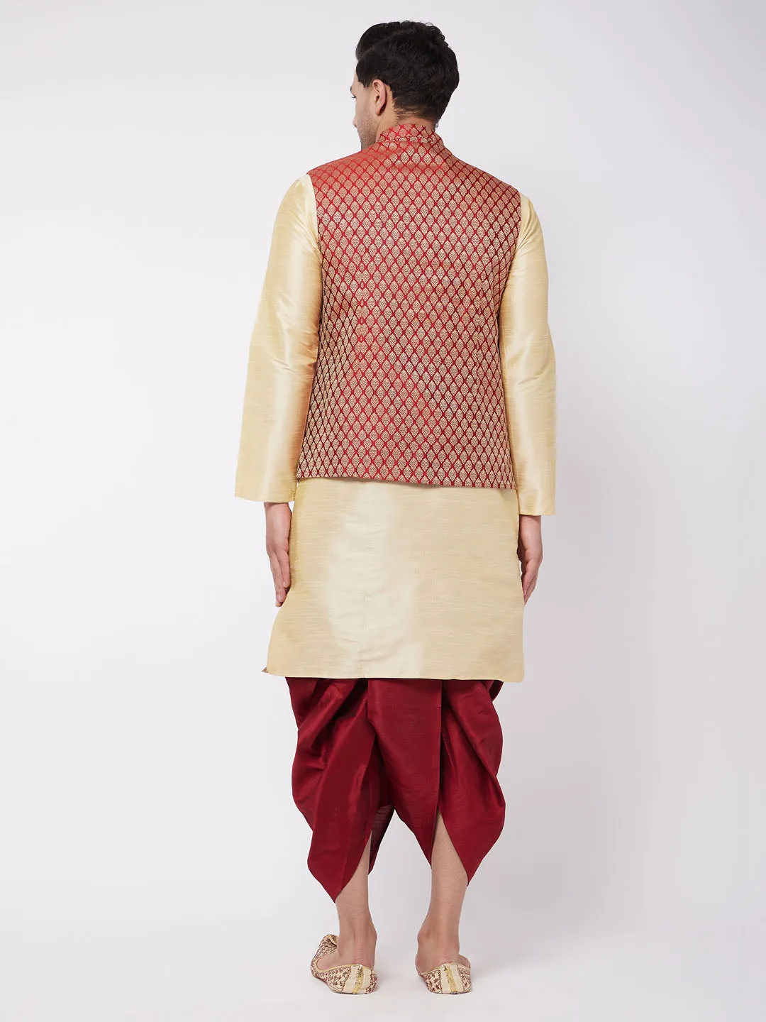 Jashvi Men's Gold Silk Blend Kurta And Dhoti With Maroon Woven Nehru Jacket