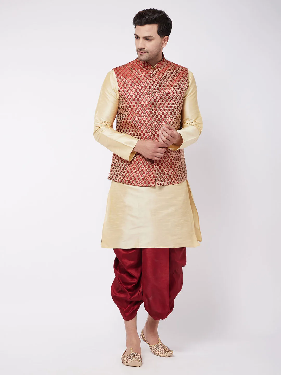 Jashvi Men's Gold Silk Blend Kurta And Dhoti With Maroon Woven Nehru Jacket