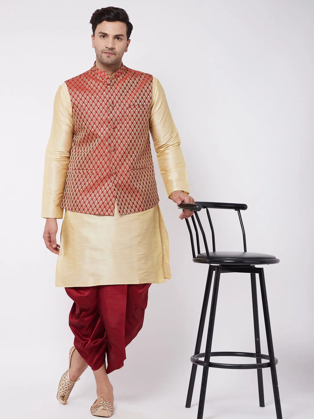 Jashvi Men's Gold Silk Blend Kurta And Dhoti With Maroon Woven Nehru Jacket