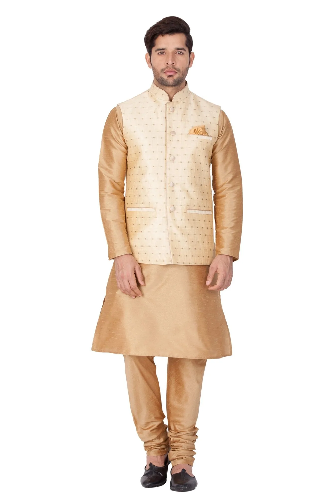 Jashvi Men's Gold Zari Weaved Jacket With Kurta Pyjama Set