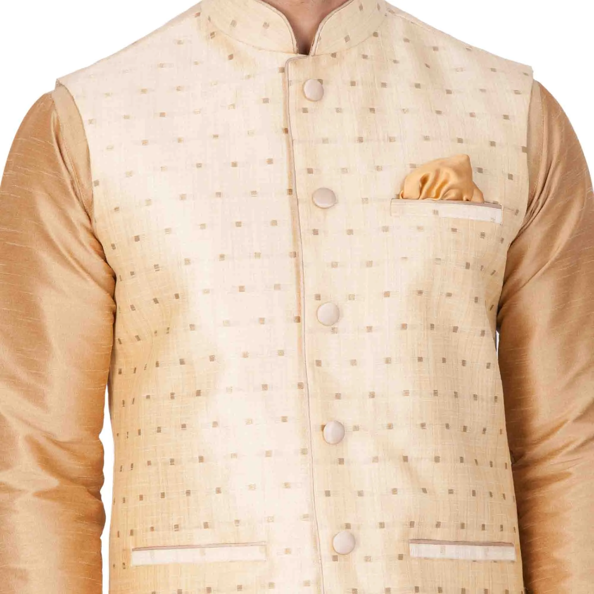 Jashvi Men's Gold Zari Weaved Jacket With Kurta Pyjama Set