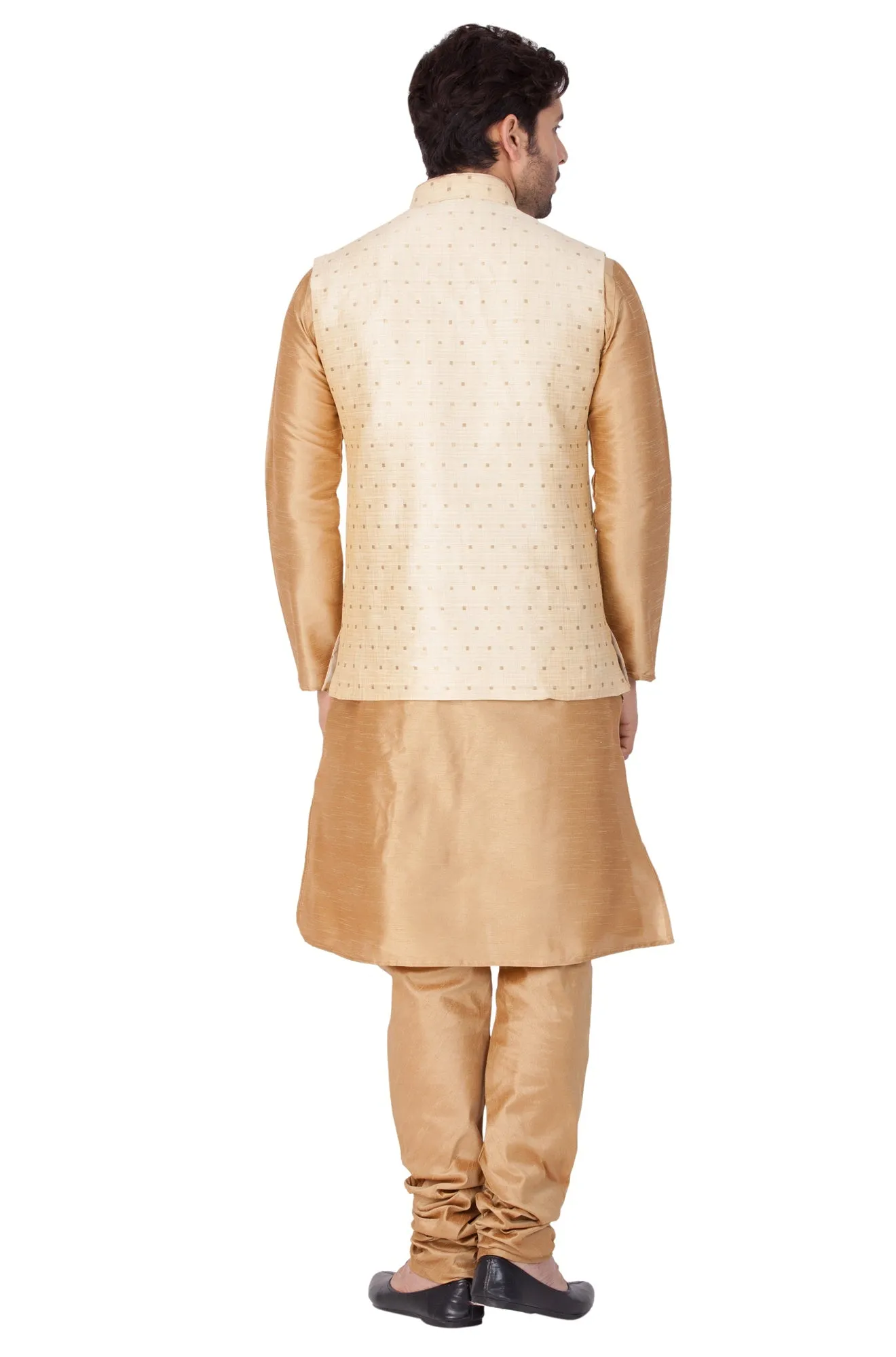 Jashvi Men's Gold Zari Weaved Jacket With Kurta Pyjama Set