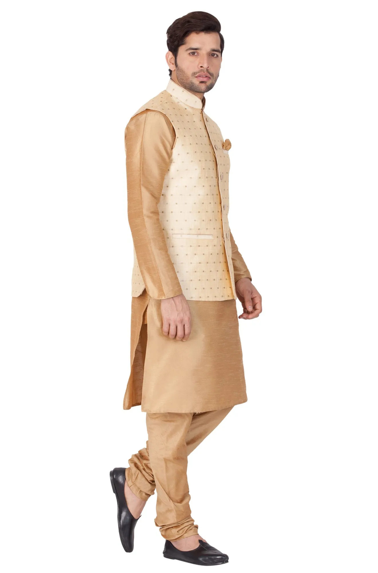 Jashvi Men's Gold Zari Weaved Jacket With Kurta Pyjama Set