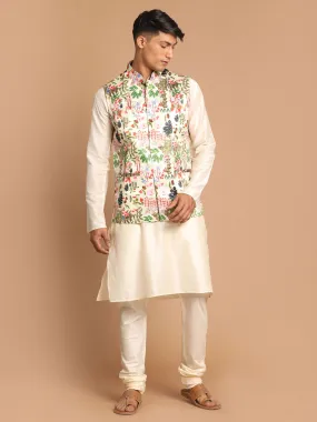 Jashvi Men's Green Digital Printed Royal Ethnic Jacket With Cream Kurta Pyjama