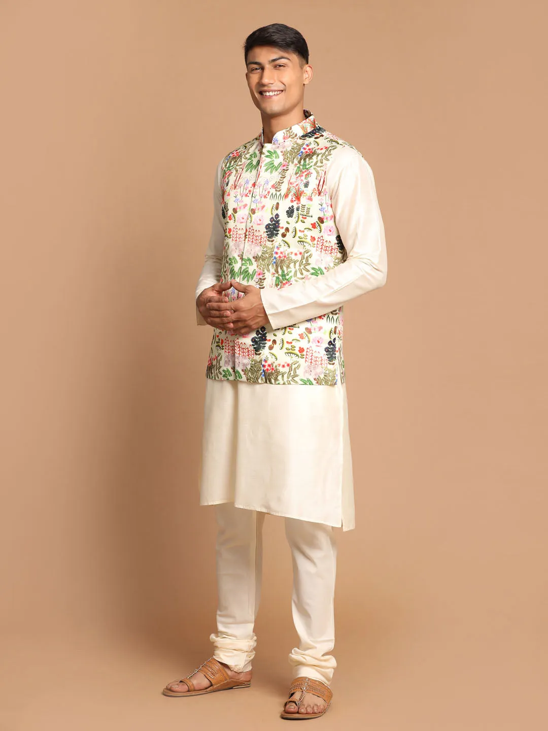 Jashvi Men's Green Digital Printed Royal Ethnic Jacket With Cream Kurta Pyjama