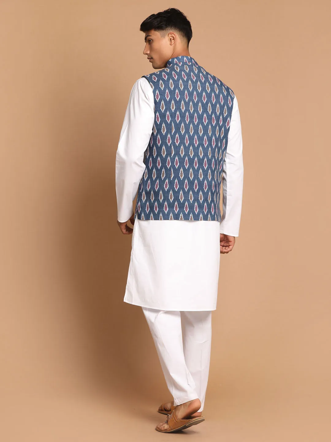 Jashvi Men's Grey Cotton Nehru Jacket  With White Cotton Pant