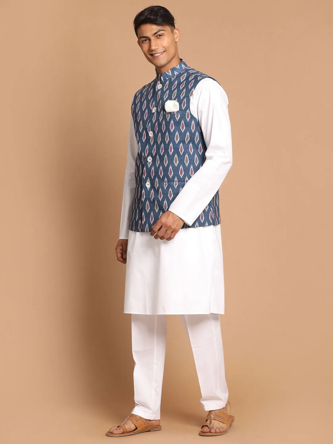 Jashvi Men's Grey Cotton Nehru Jacket  With White Cotton Pant