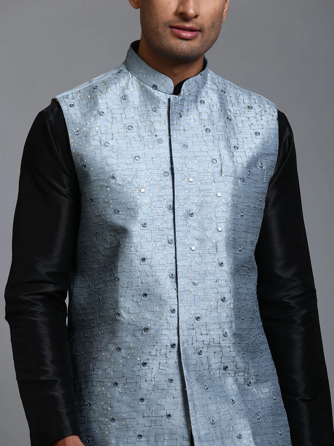 Jashvi Men's Grey Embellished Jacket with Black Kurta Pant Set