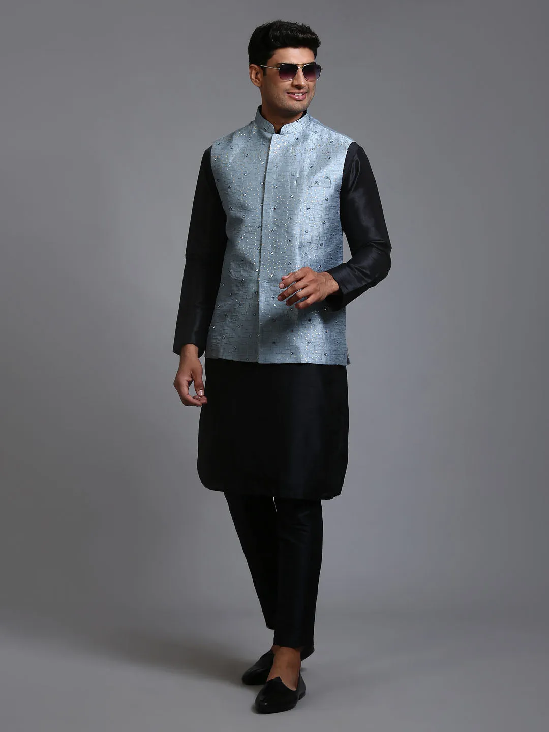 Jashvi Men's Grey Embellished Jacket with Black Kurta Pant Set