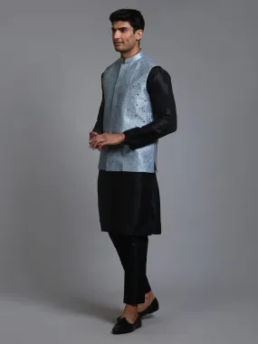 Jashvi Men's Grey Embellished Jacket with Black Kurta Pant Set