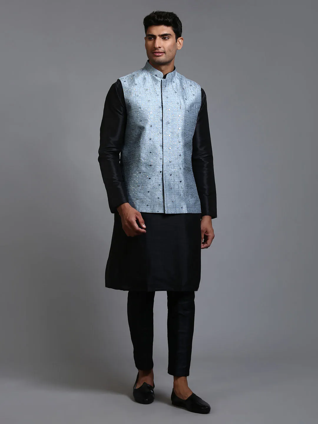 Jashvi Men's Grey Embellished Jacket with Black Kurta Pant Set