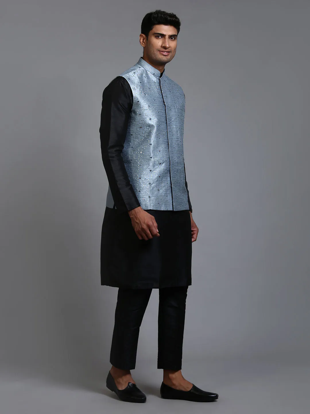 Jashvi Men's Grey Embellished Jacket with Black Kurta Pant Set