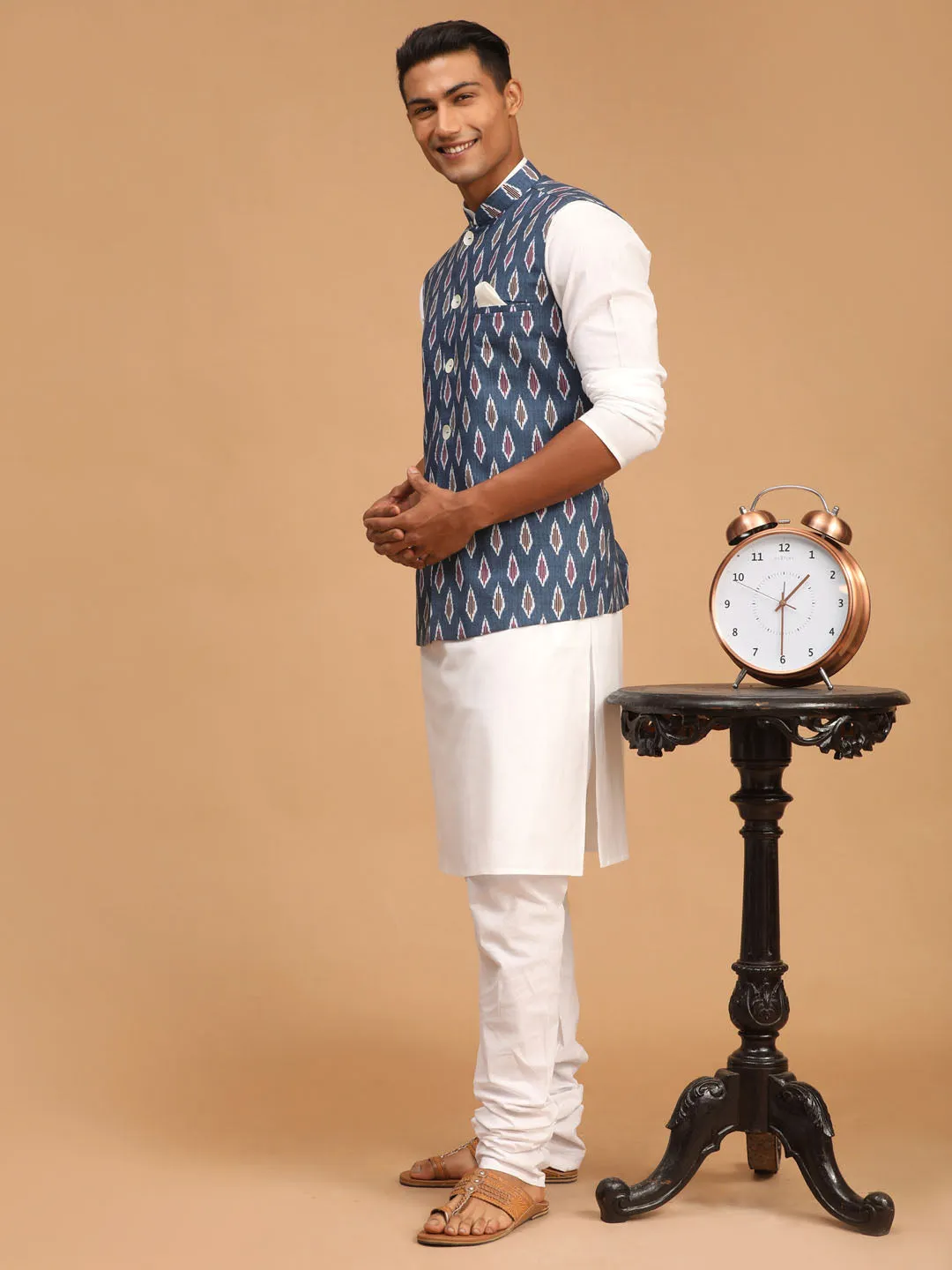 Jashvi Men's Grey Printed Cotton Nehru Jacket With White Kurta And Pyjama Set