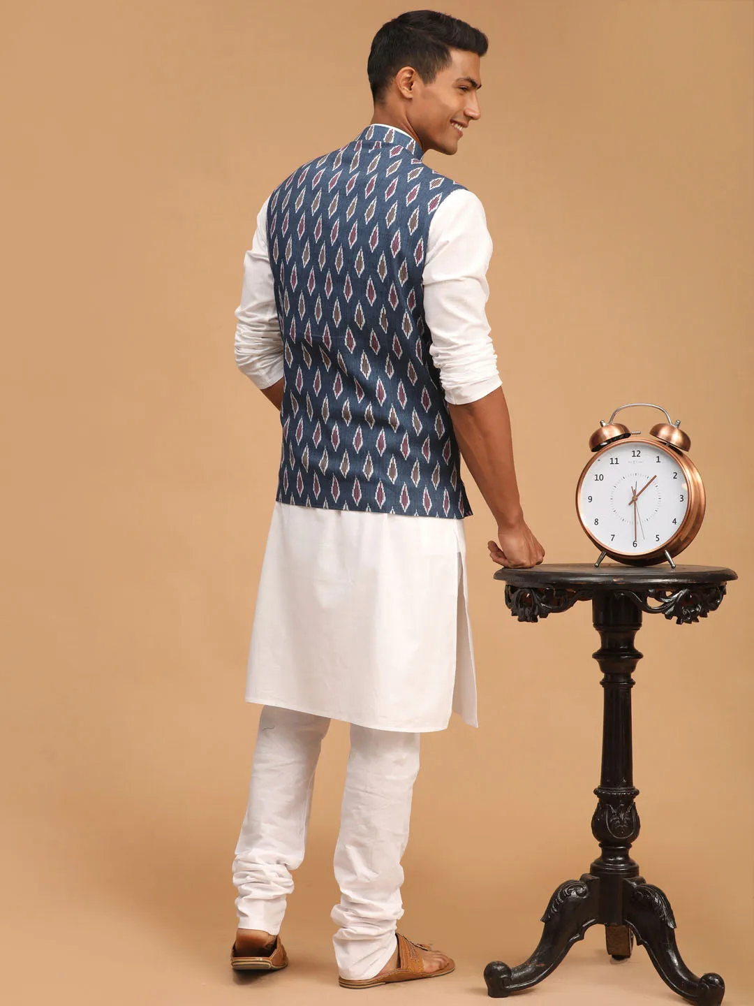 Jashvi Men's Grey Printed Cotton Nehru Jacket With White Kurta And Pyjama Set