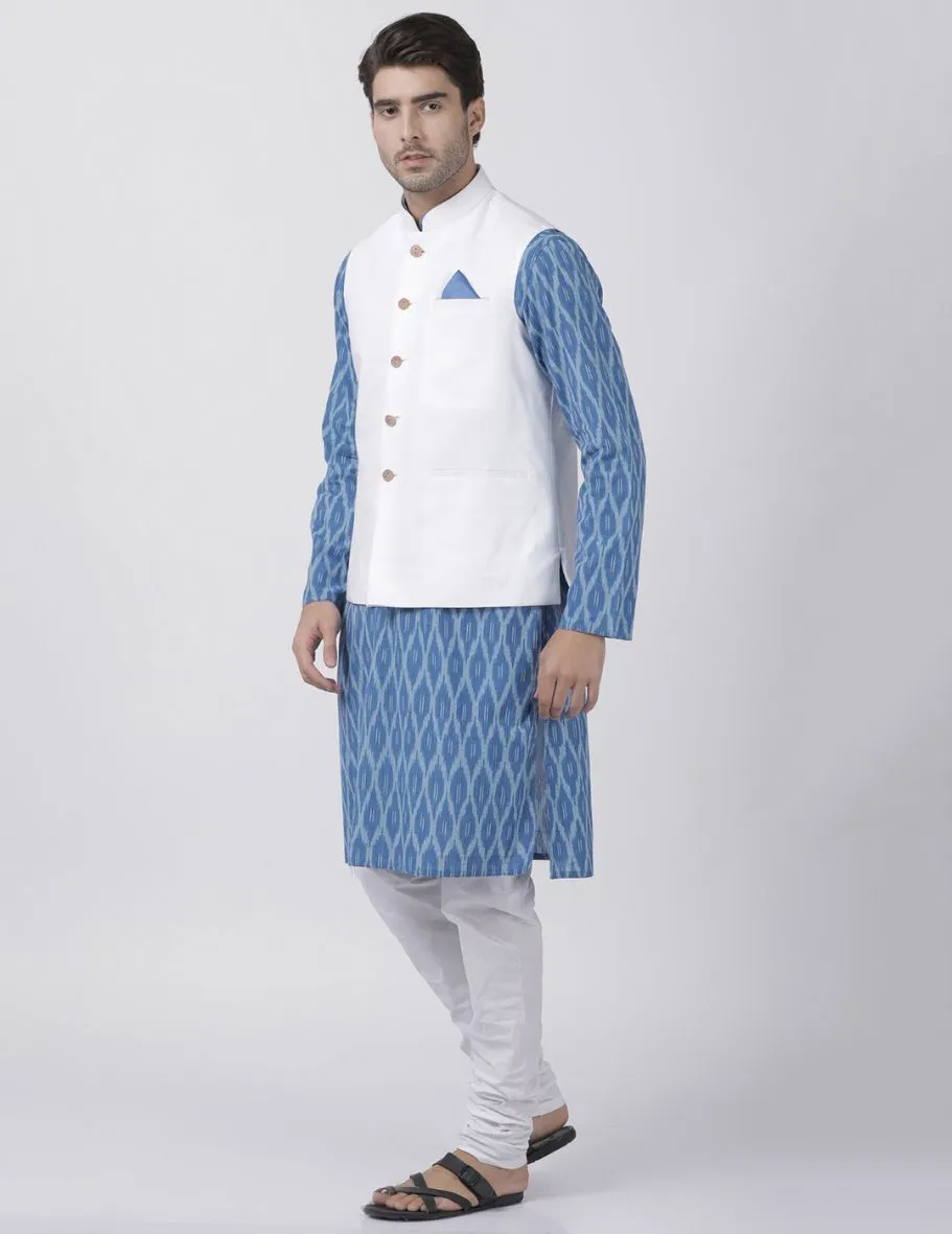 Jashvi Men's Light Blue Cotton Blend Ethnic Jacket, Kurta and Dhoti Pant Set