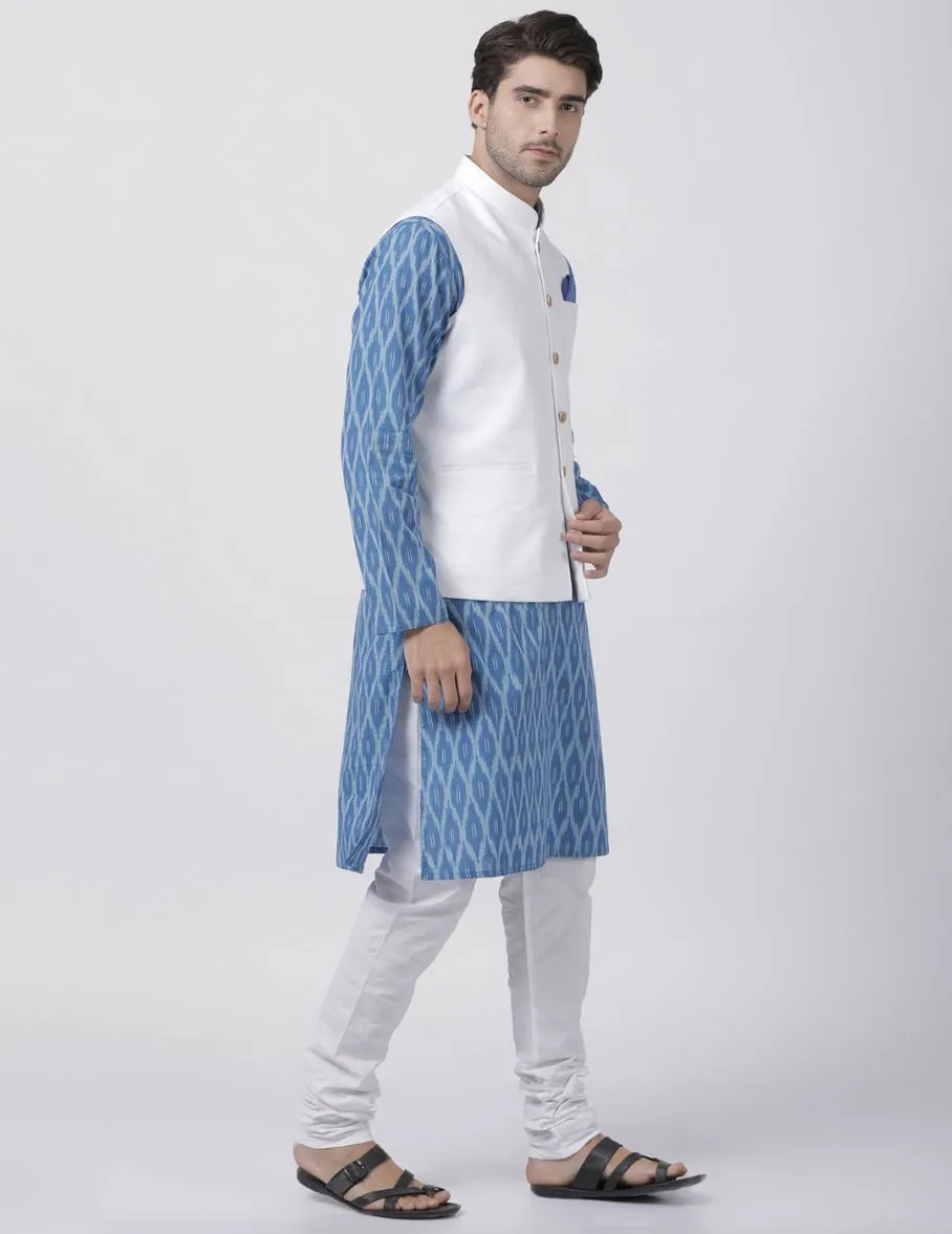 Jashvi Men's Light Blue Cotton Blend Ethnic Jacket, Kurta and Dhoti Pant Set