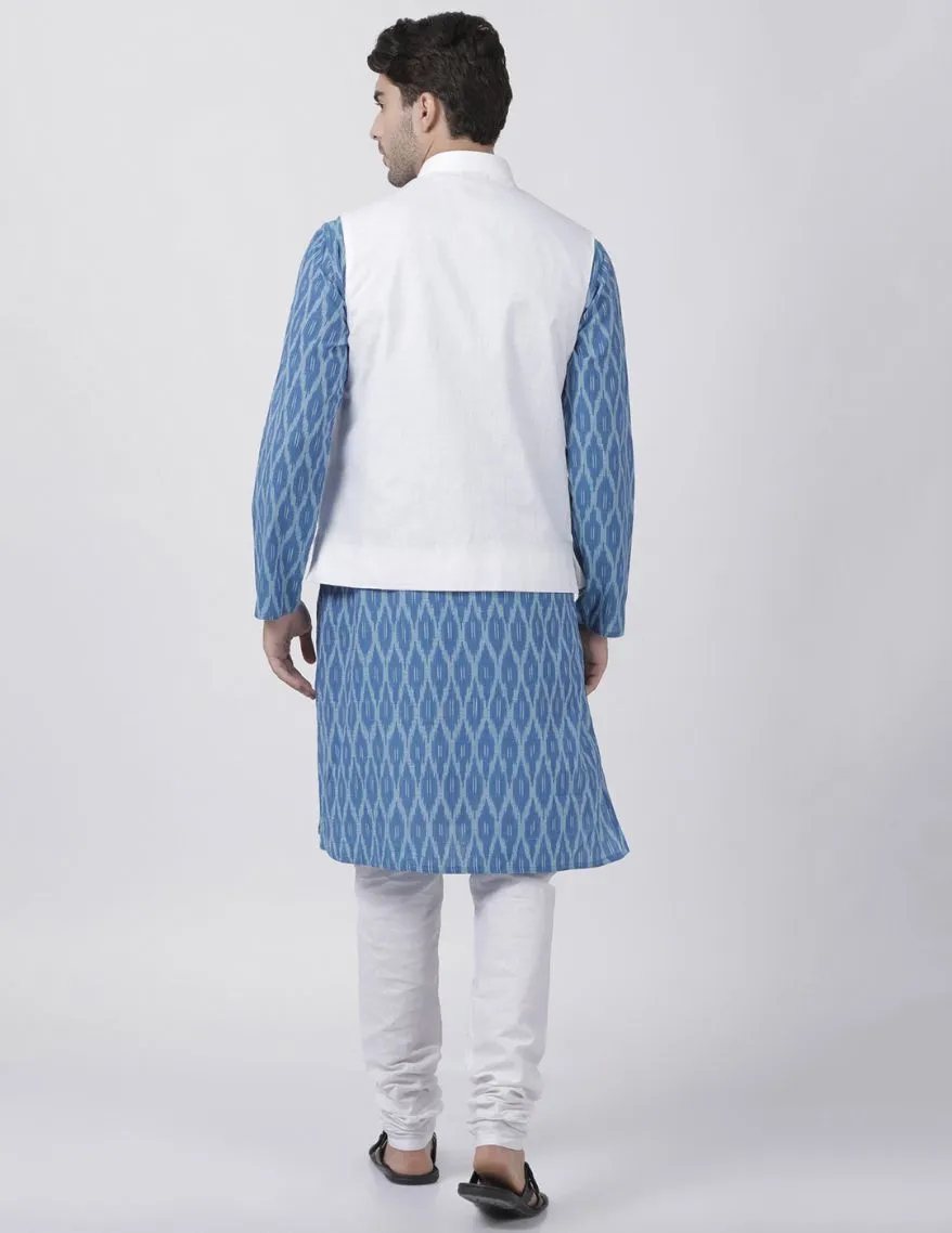 Jashvi Men's Light Blue Cotton Blend Ethnic Jacket, Kurta and Dhoti Pant Set