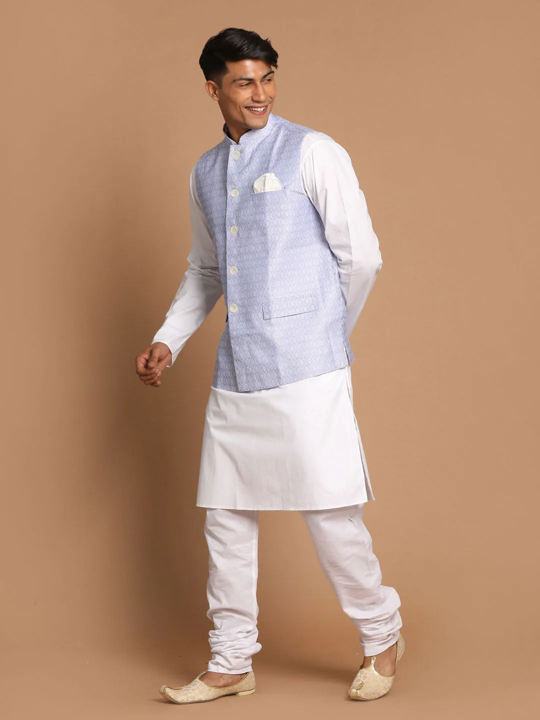 Jashvi Men's Light Blue Jacquard Nehru Jacket with Kurta Pyjama Set