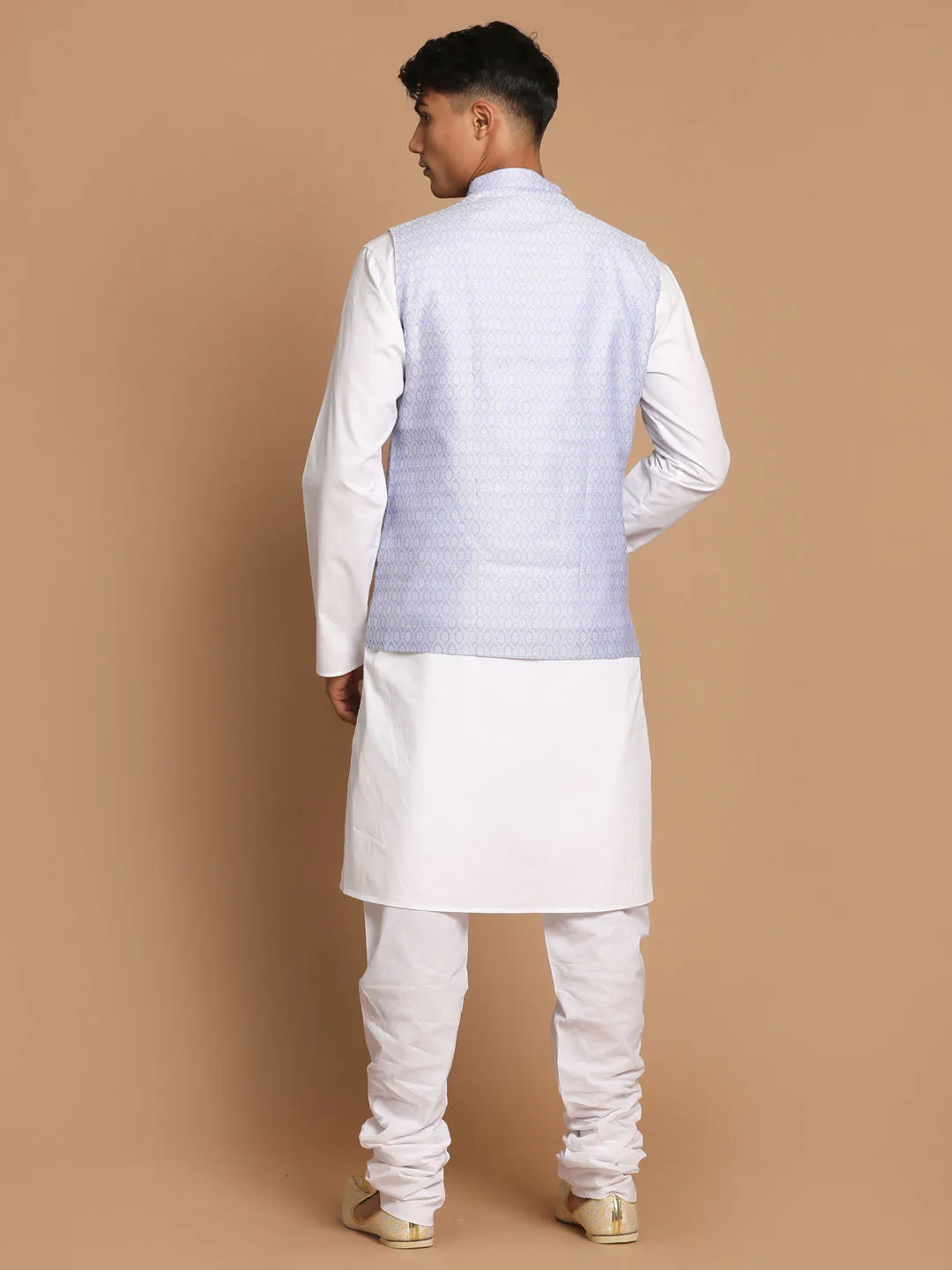 Jashvi Men's Light Blue Jacquard Nehru Jacket with Kurta Pyjama Set