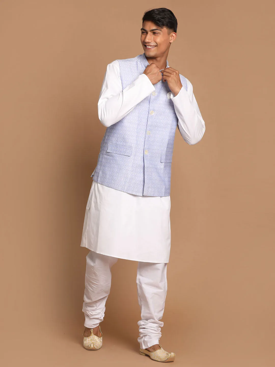 Jashvi Men's Light Blue Jacquard Nehru Jacket with Kurta Pyjama Set