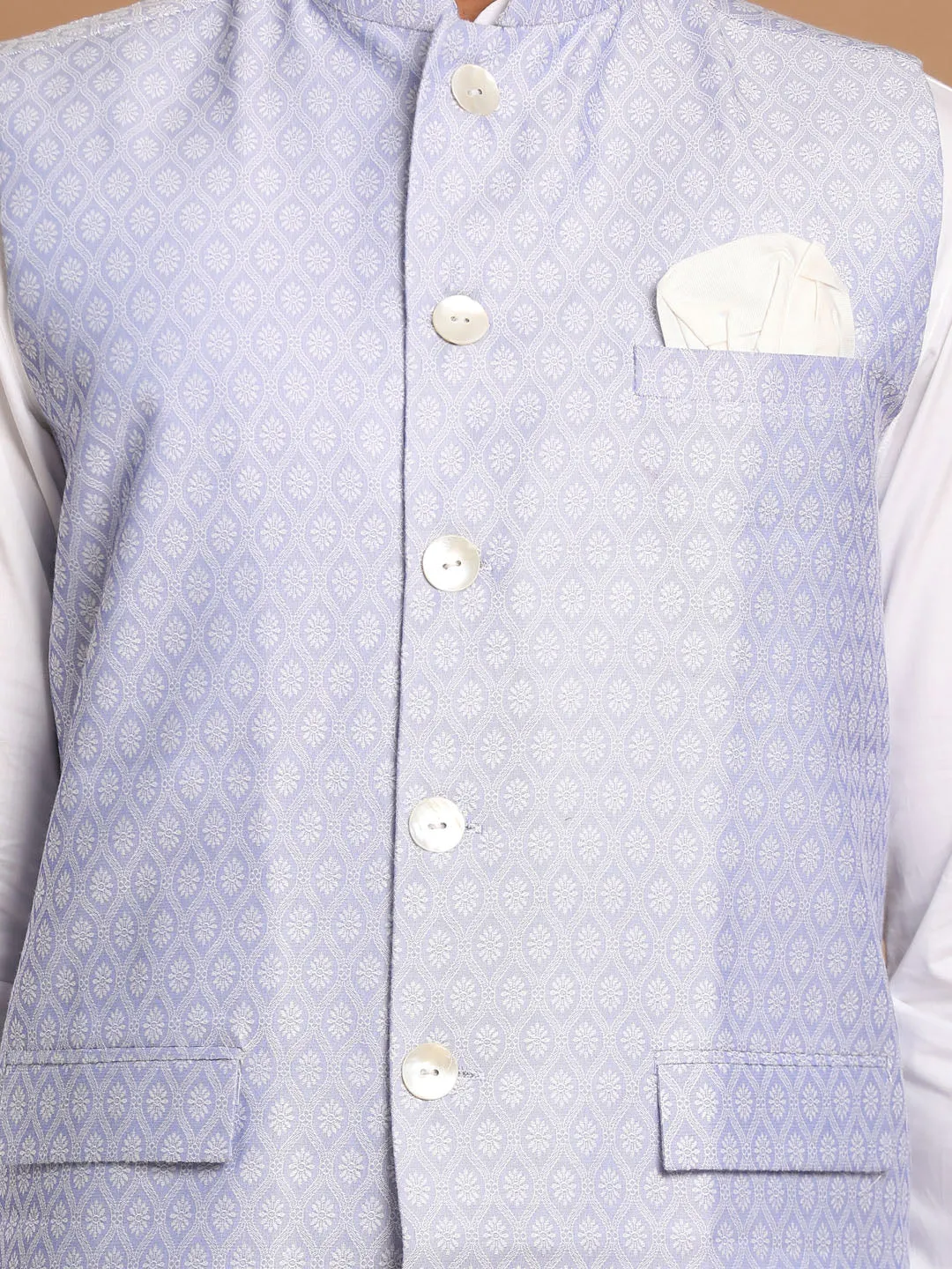 Jashvi Men's Light Blue Jacquard Nehru Jacket with Kurta Pyjama Set