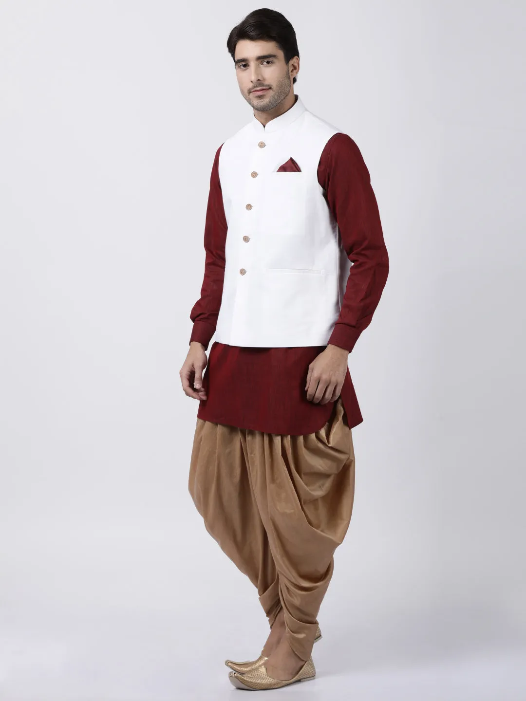 Jashvi Men's Maroon Cotton Blend Kurta, White Ethnic Jacket and Dhoti Pant Set