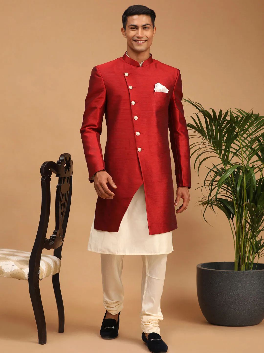 Jashvi Men's Maroon Indo Western Combo Set