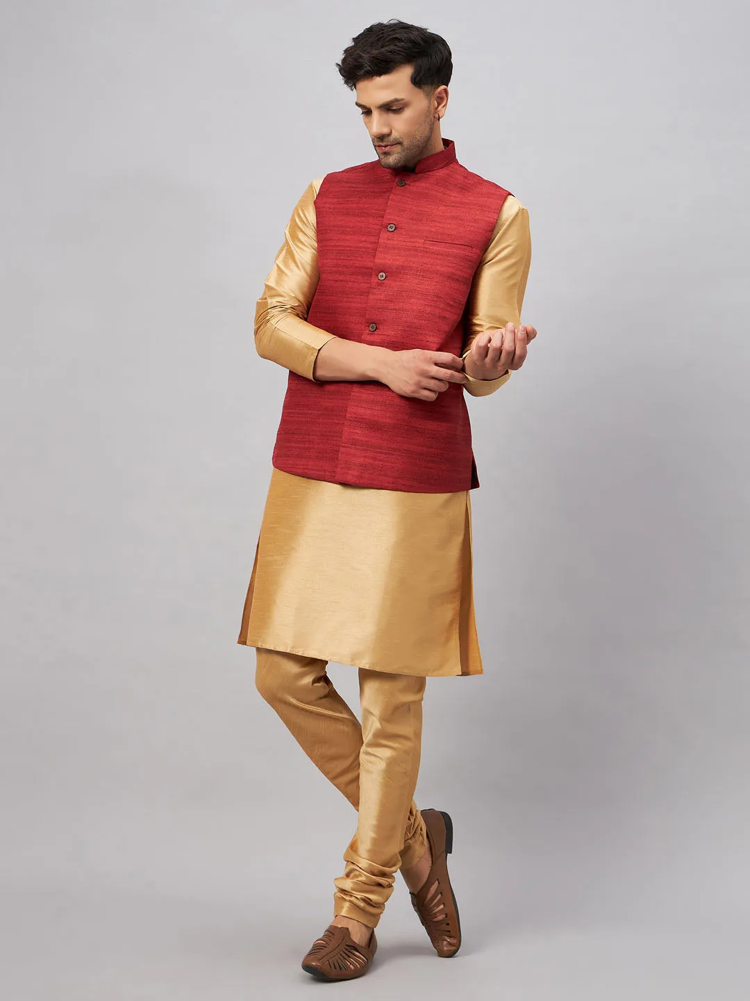 Jashvi Men's Maroon Jacket With Rose Gold Kurta And Pyjama Set