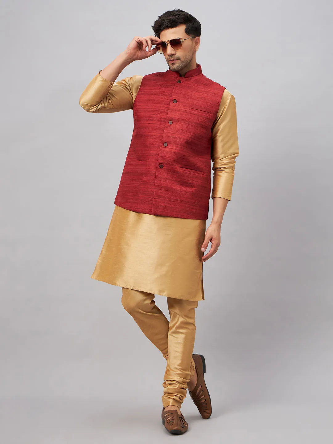 Jashvi Men's Maroon Jacket With Rose Gold Kurta And Pyjama Set