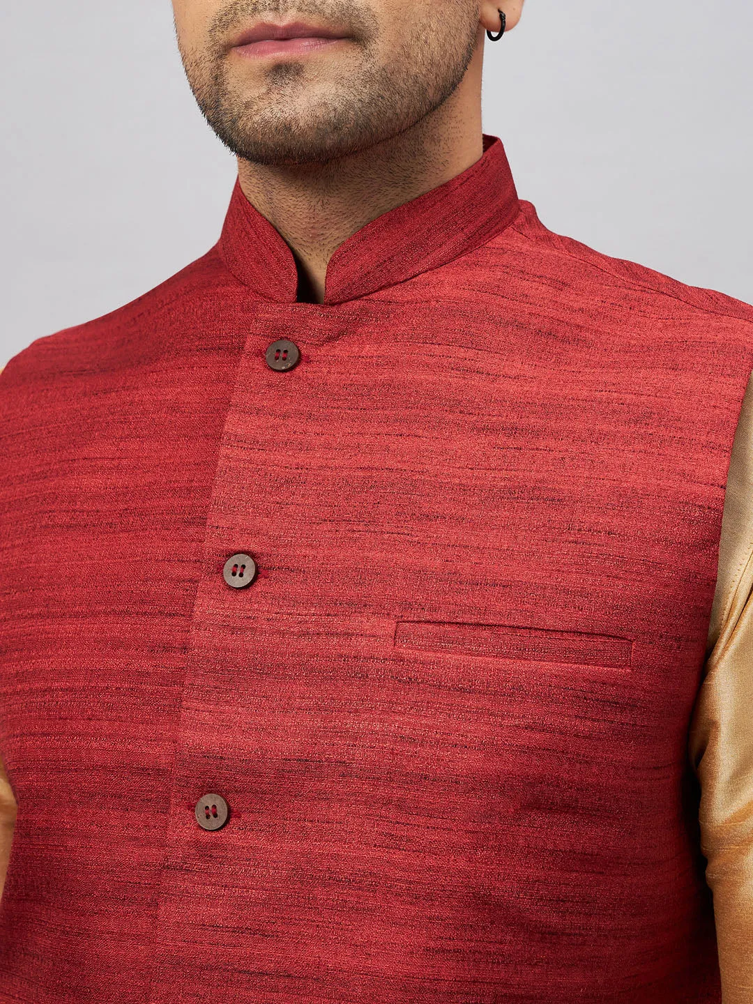 Jashvi Men's Maroon Jacket With Rose Gold Kurta And Pyjama Set