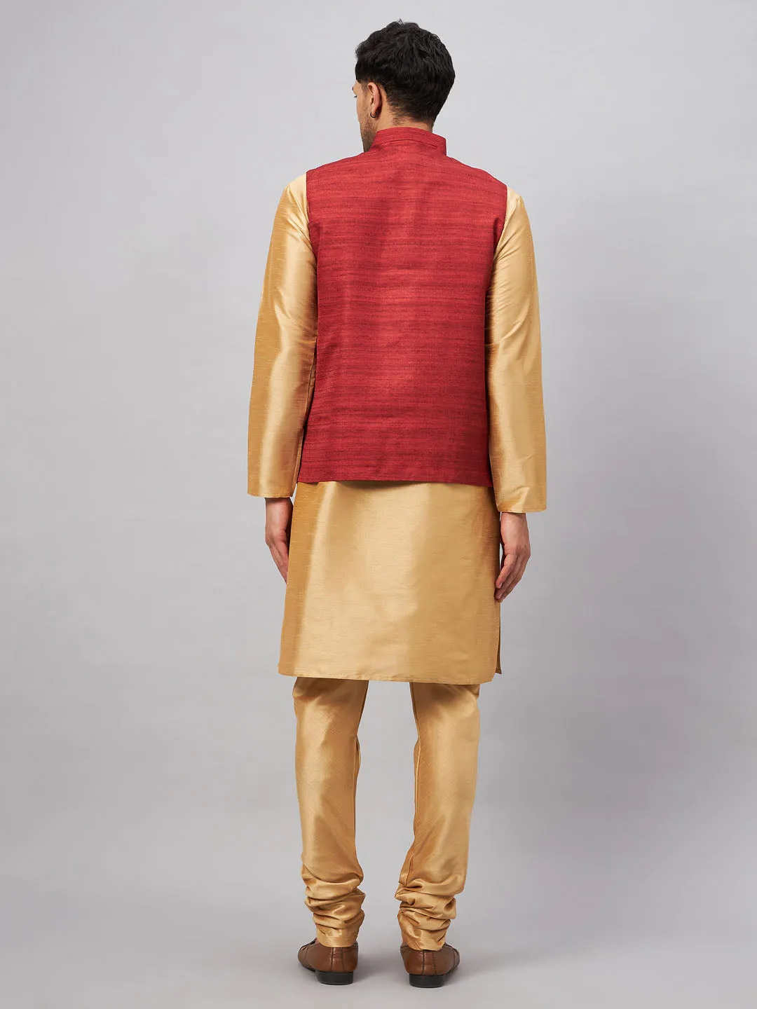 Jashvi Men's Maroon Jacket With Rose Gold Kurta And Pyjama Set