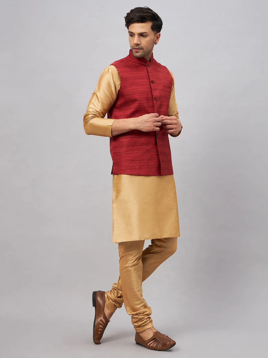 Jashvi Men's Maroon Jacket With Rose Gold Kurta And Pyjama Set