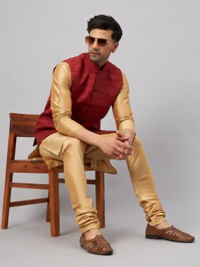 Jashvi Men's Maroon Jacket With Rose Gold Kurta And Pyjama Set