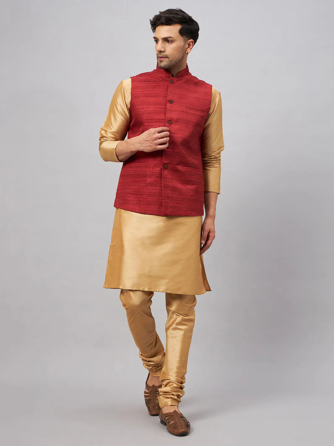 Jashvi Men's Maroon Jacket With Rose Gold Kurta And Pyjama Set