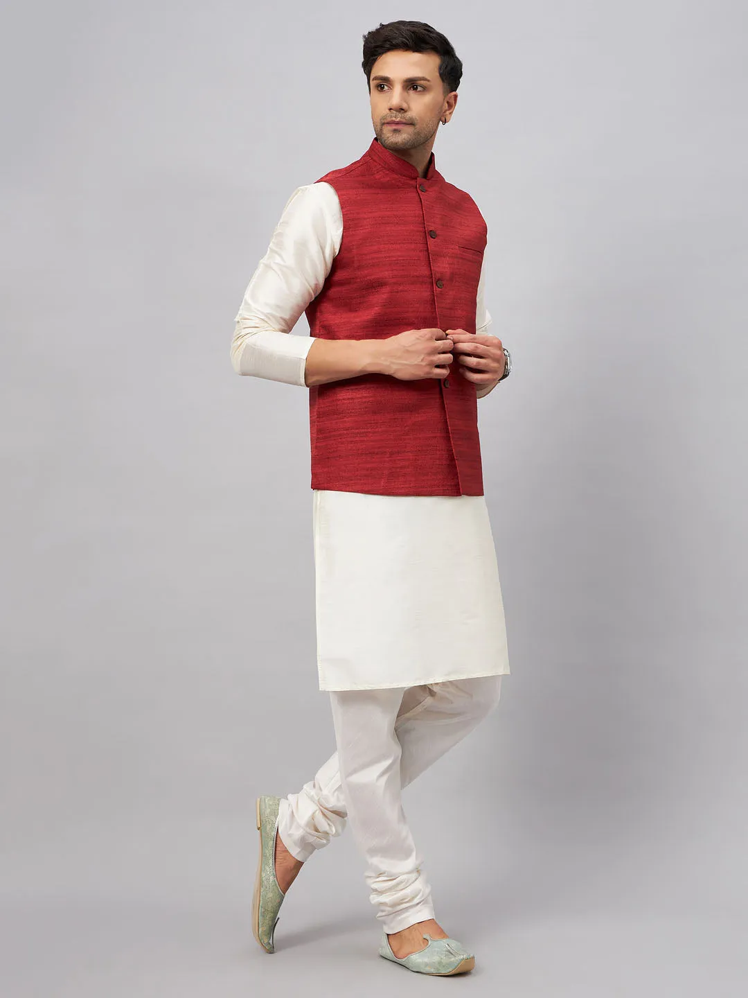 Jashvi Men's Maroon Matka Silk Nehru Jacket With Cream Silk Blend Kurta Pyjama Set