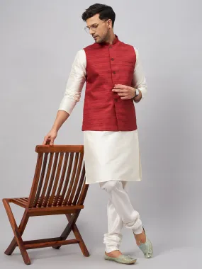 Jashvi Men's Maroon Matka Silk Nehru Jacket With Cream Silk Blend Kurta Pyjama Set