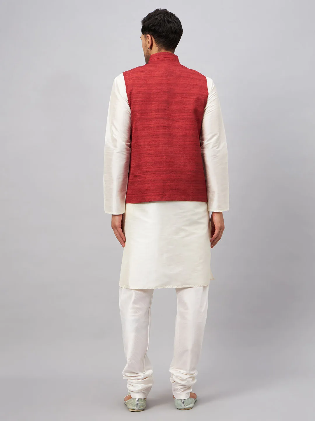 Jashvi Men's Maroon Matka Silk Nehru Jacket With Cream Silk Blend Kurta Pyjama Set