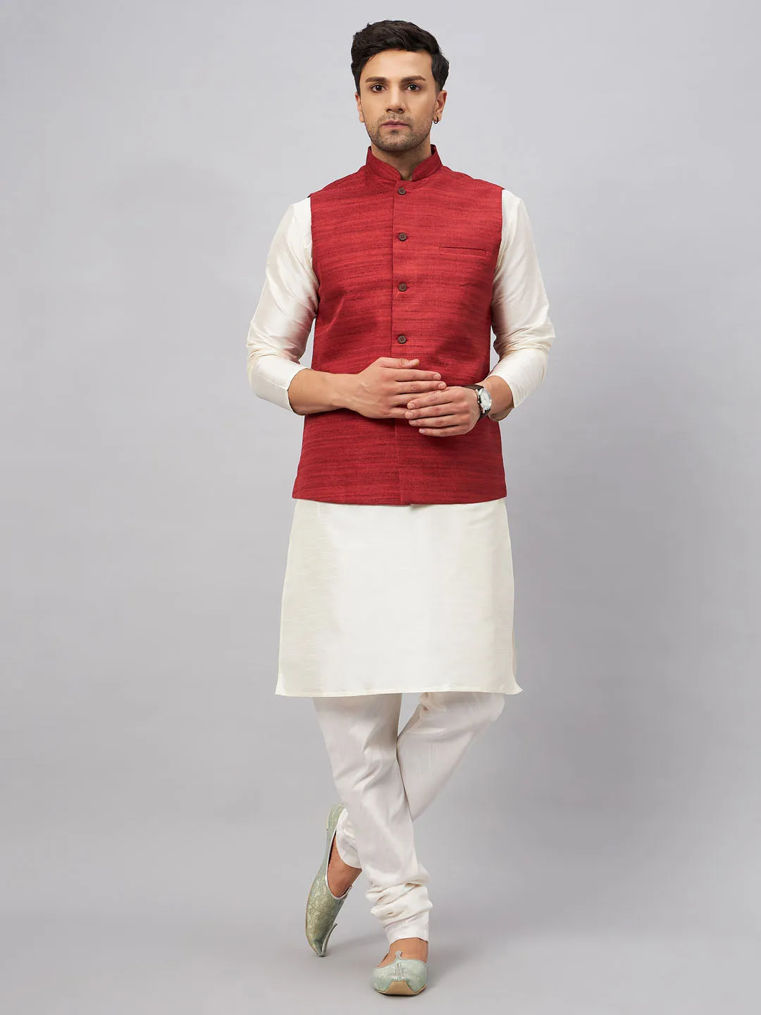 Jashvi Men's Maroon Matka Silk Nehru Jacket With Cream Silk Blend Kurta Pyjama Set