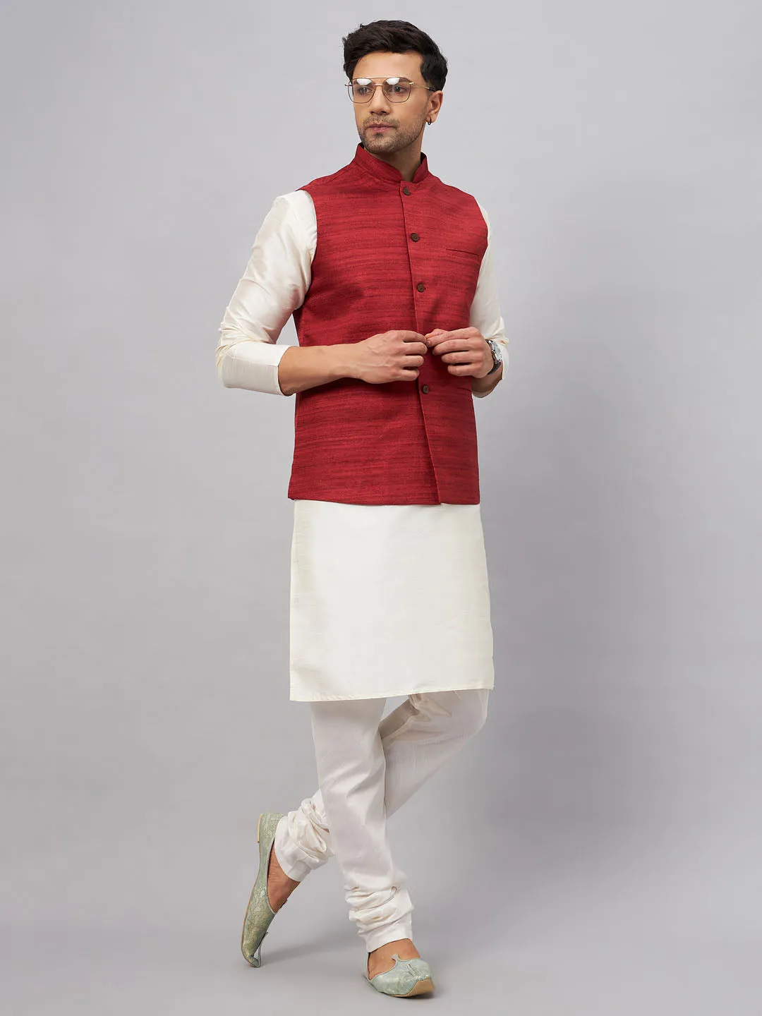 Jashvi Men's Maroon Matka Silk Nehru Jacket With Cream Silk Blend Kurta Pyjama Set